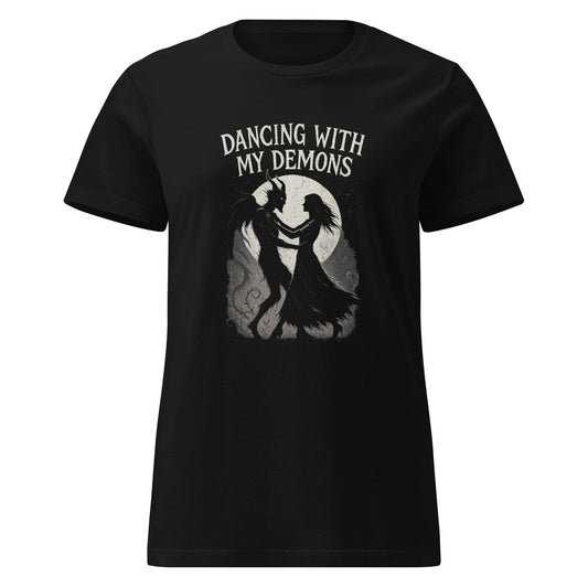 Black t-shirt with 'Dancing With My Demons' graphic design on a white background