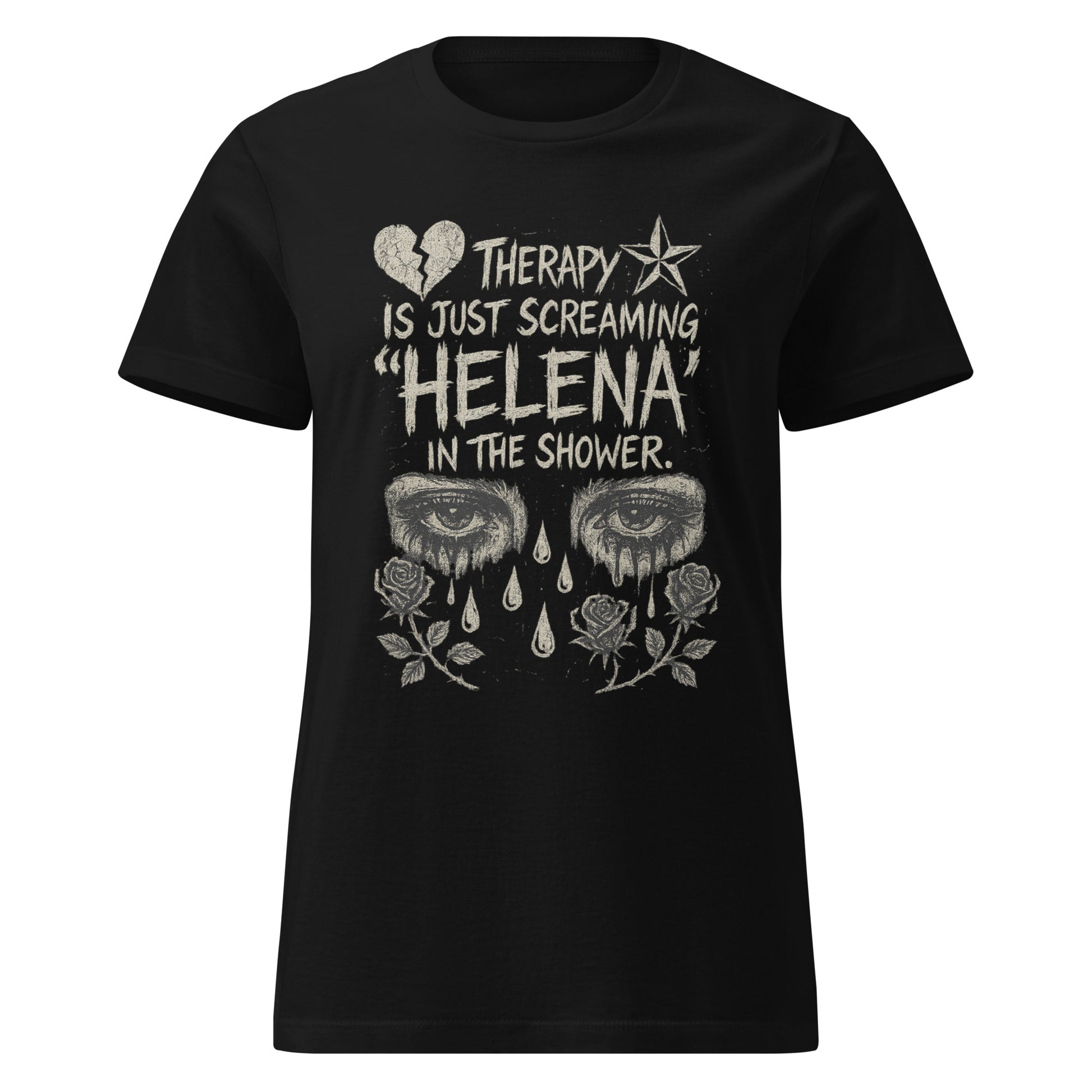 Black Women’s softstyle t-shirt with bold Helena slogan, referencing screaming dramatic lyrics in the shower as therapy