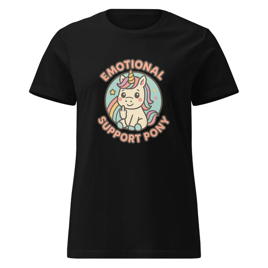 Black t-shirt with a unicorn graphic and text 'Emotional Support Pony' on a white background