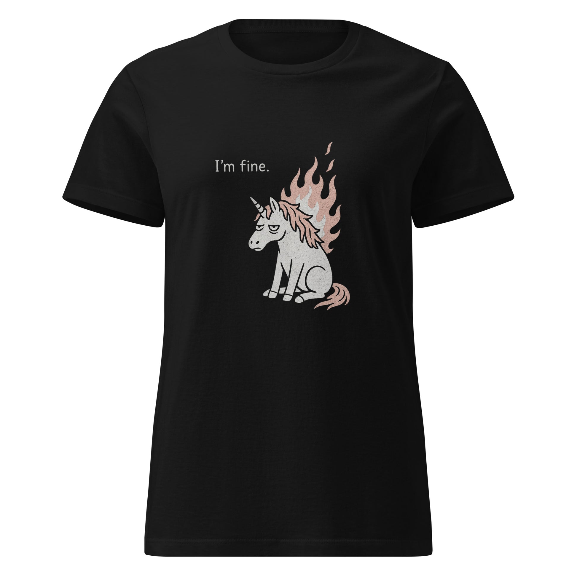 Black t-shirt with a unicorn graphic and 'I'm fine.' text on a white background