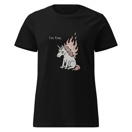 Black t-shirt with a unicorn graphic and 'I'm fine.' text on a white background