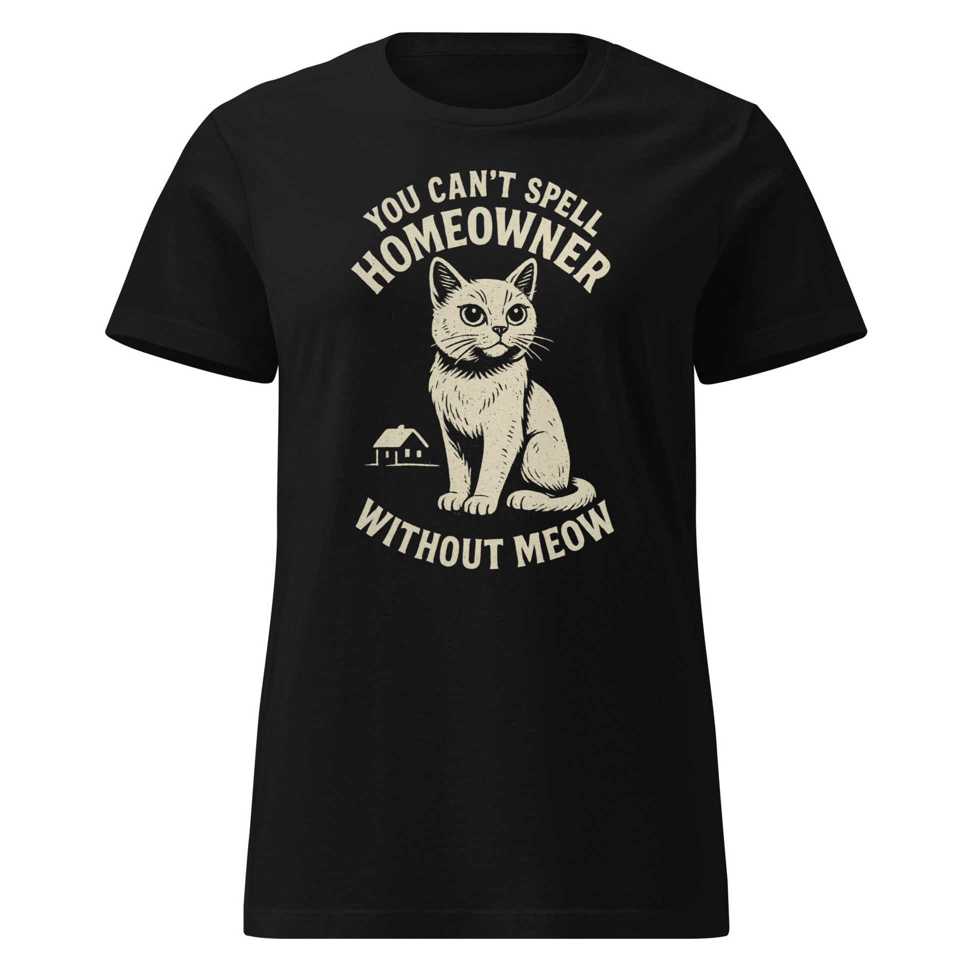 Black t-shirt with a cat graphic and text on a white background