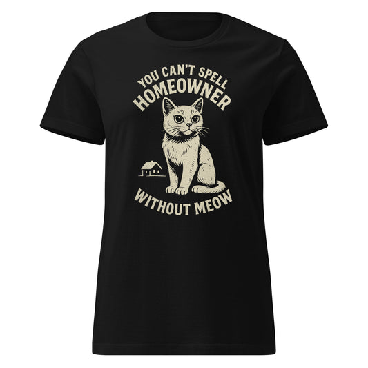 Black t-shirt with a cat graphic and text on a white background
