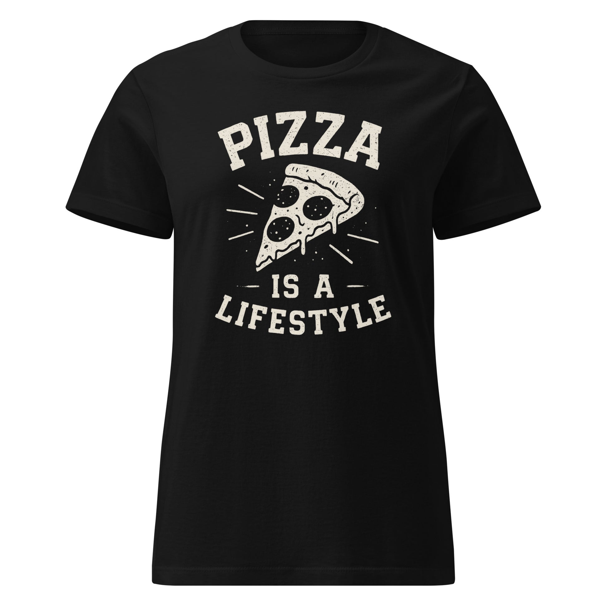 Black t-shirt with 'Pizza is a Lifestyle' graphic on a white background