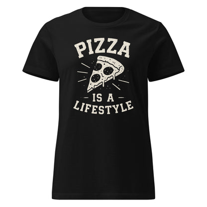 Black t-shirt with 'Pizza is a Lifestyle' graphic on a white background