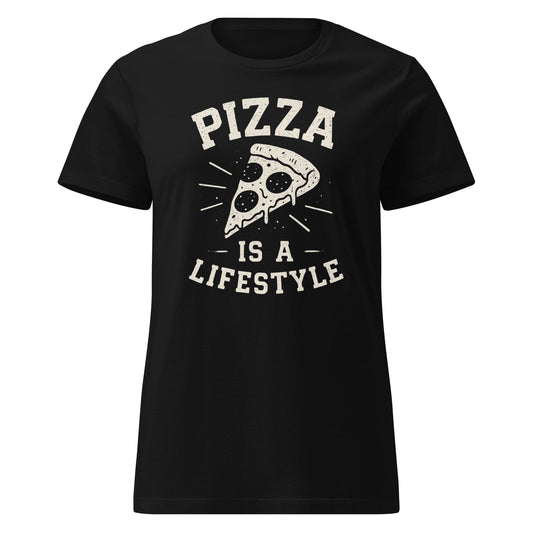 Black t-shirt with 'Pizza is a Lifestyle' graphic on a white background