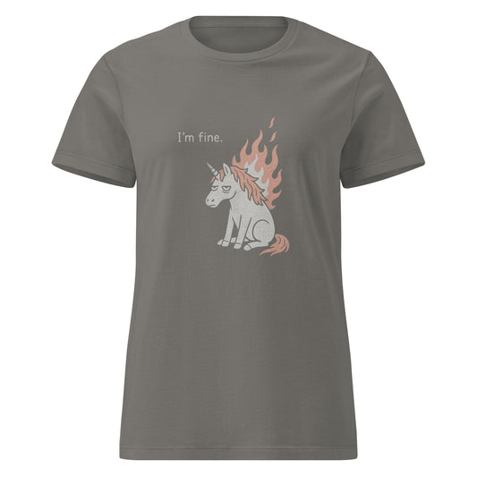 Gray t-shirt with a graphic of a unicorn and 'I'm fine.' text on a white background