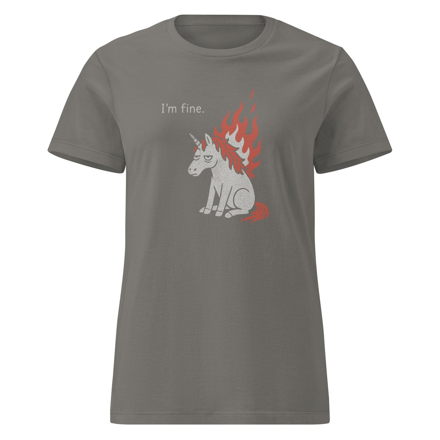 gray shirt with white burning unicorn and text "I'm fine"
