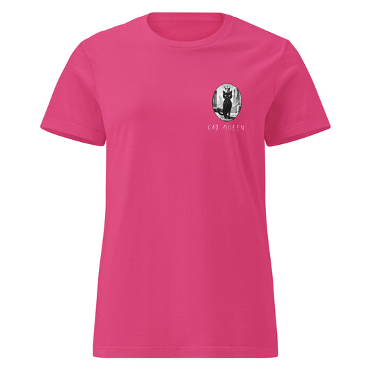Pink t-shirt with a cat-themed graphic and text on a white background