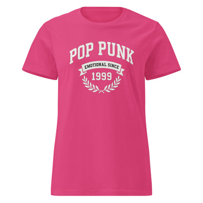 Pink t-shirt with 'Pop Punk Emotional Since 1999' text on a white background