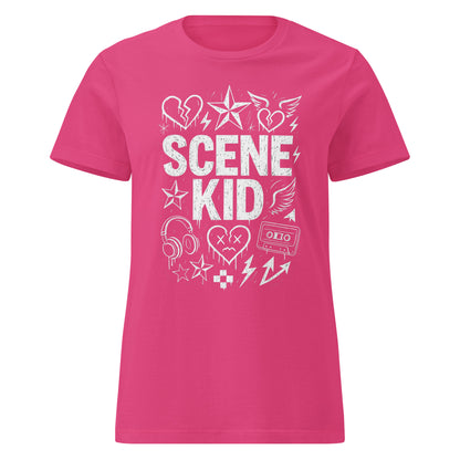 Pink t-shirt with 'SCENE KID' text and graphics on a white background