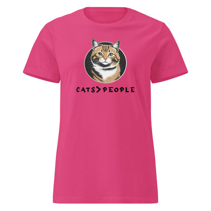 Pink t-shirt with a cat graphic and 'CATS > PEOPLE' text on a white background