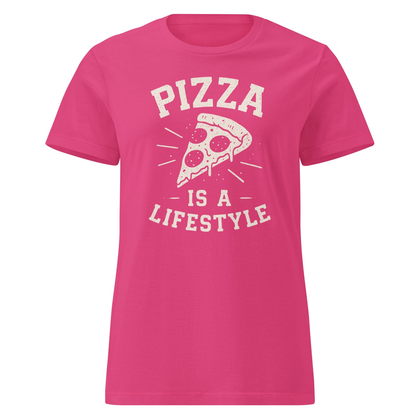 Pink t-shirt with 'Pizza is a Lifestyle' text and pizza slice graphic on a white background