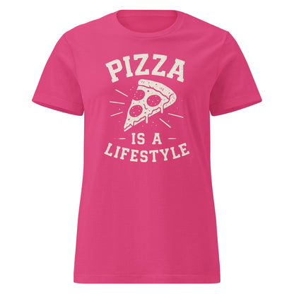 Pink t-shirt with 'Pizza is a Lifestyle' text and pizza slice graphic on a white background
