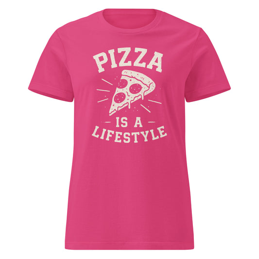 Pink t-shirt with 'Pizza is a Lifestyle' text and pizza slice graphic on a white background