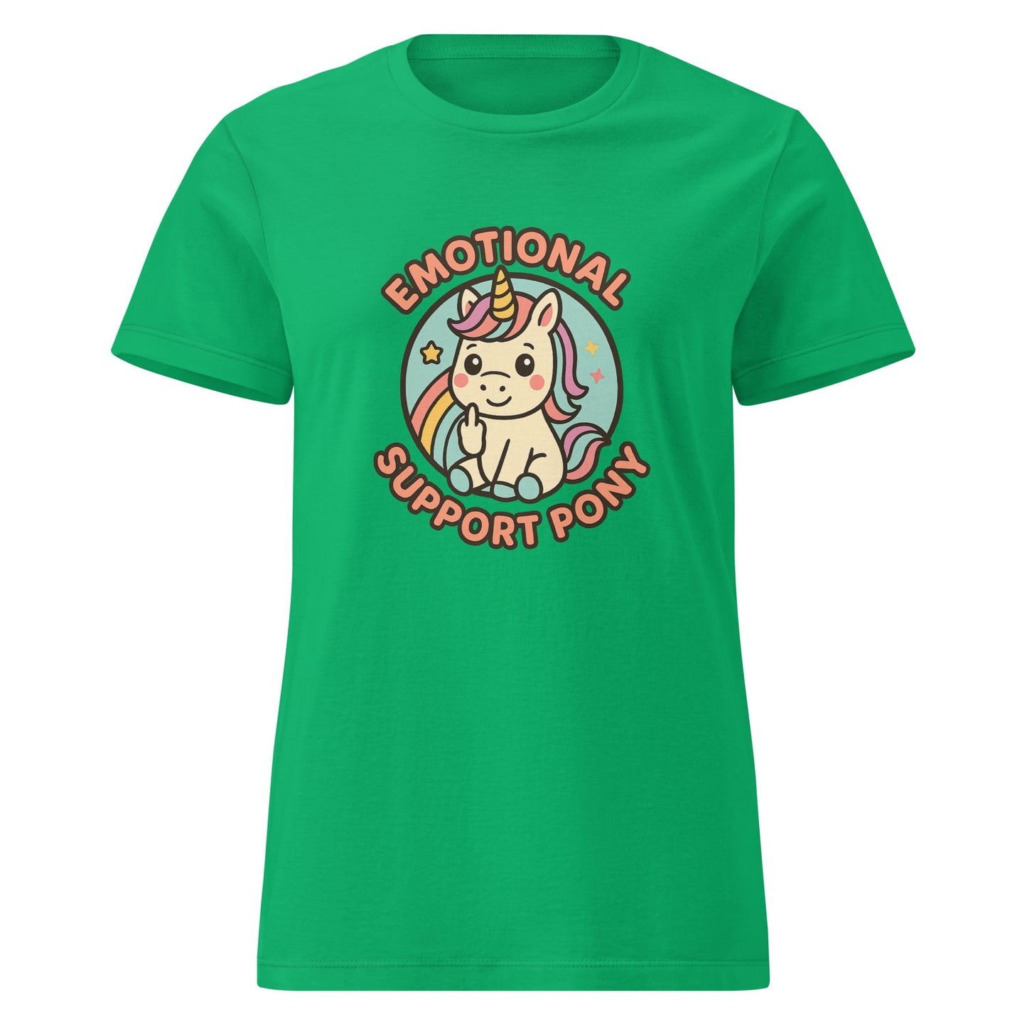 Green t-shirt with a unicorn graphic and 'Emotional Support Pony' text on a white background