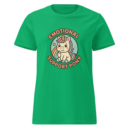 Green t-shirt with a unicorn graphic and 'Emotional Support Pony' text on a white background
