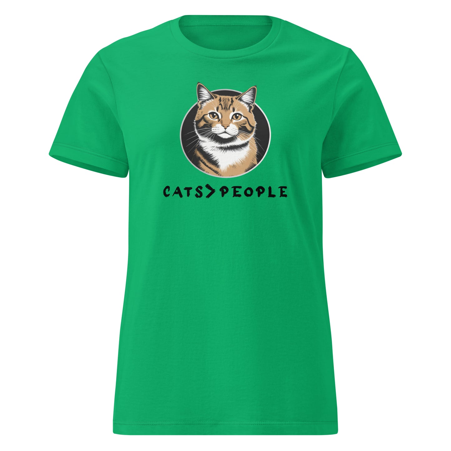 Green t-shirt with a cat graphic and 'CATS > PEOPLE' text on a white background