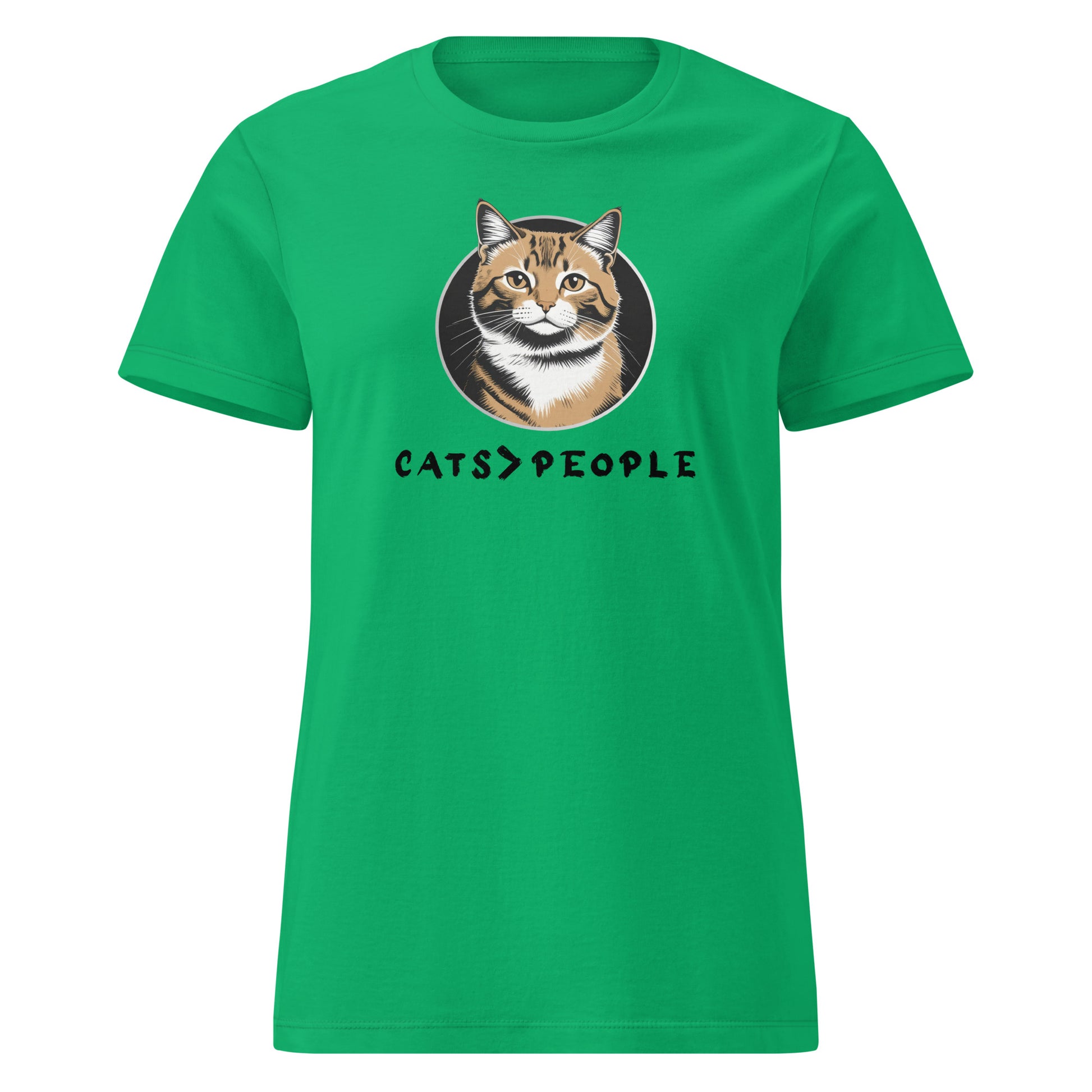 Green t-shirt with a cat graphic and 'CATS > PEOPLE' text on a white background