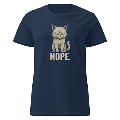 Navy blue t-shirt with a graphic of a cat and 'NOPE.' text on a white background