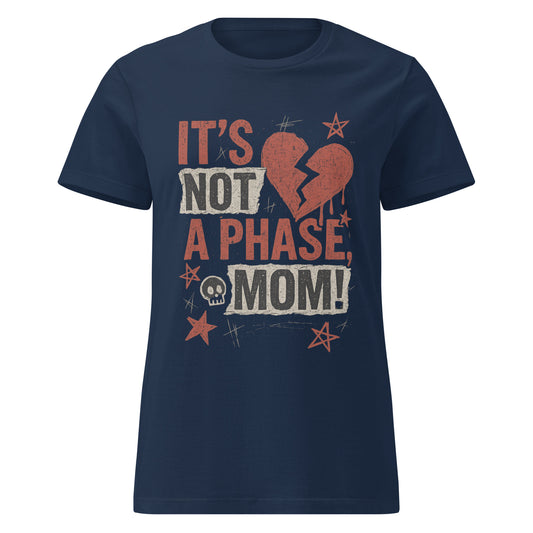 Navy blue t-shirt with graphic design and text on a white background