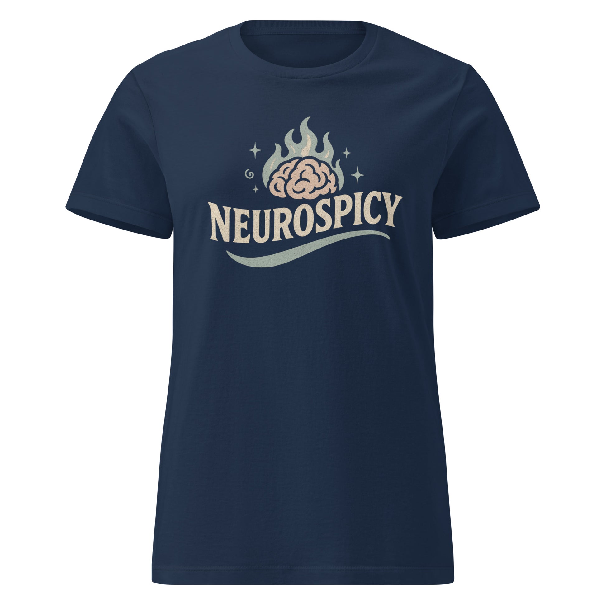 Navy blue t-shirt with 'NEUROSPICY' design featuring a brain graphic on a white background