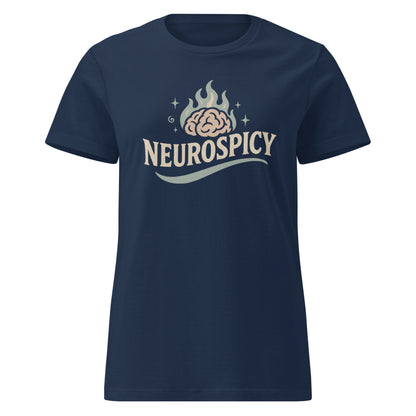 Navy blue t-shirt with 'NEUROSPICY' design featuring a brain graphic on a white background
