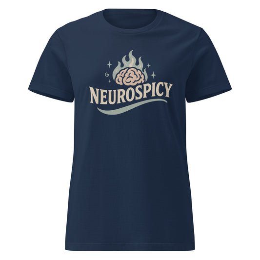 Navy blue t-shirt with 'NEUROSPICY' design featuring a brain graphic on a white background