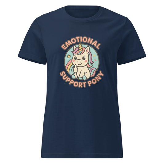 Navy blue t-shirt with a unicorn graphic and text 'Emotional Support Pony' on a white background