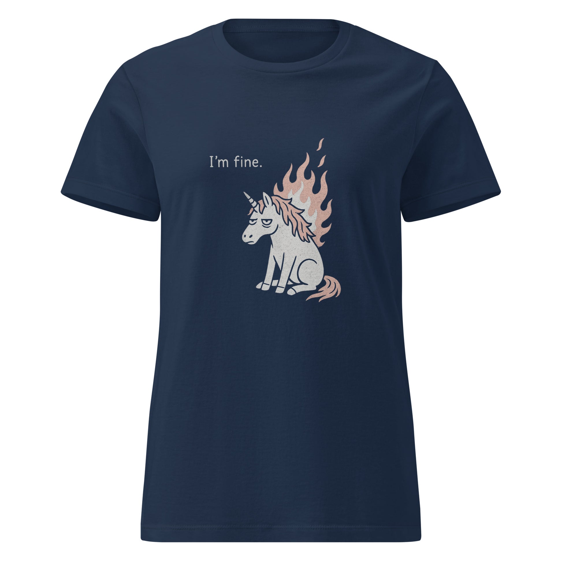 Navy blue t-shirt with a unicorn graphic and 'I'm fine.' text on a white background