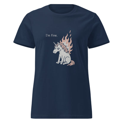 Navy blue t-shirt with a unicorn graphic and 'I'm fine.' text on a white background