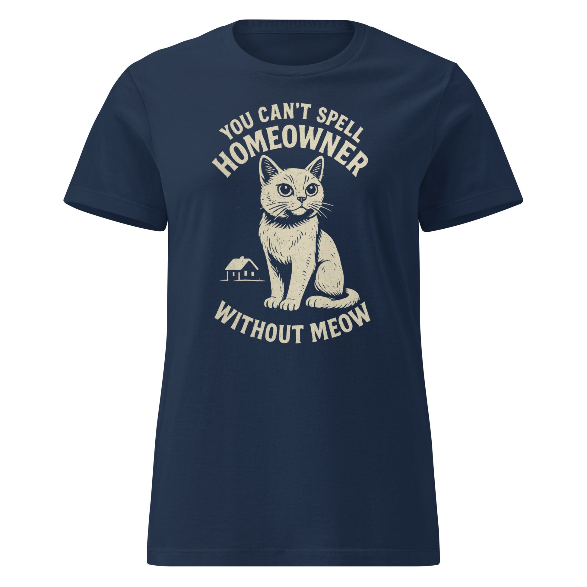 Navy blue t-shirt with a cat graphic and text on a white background