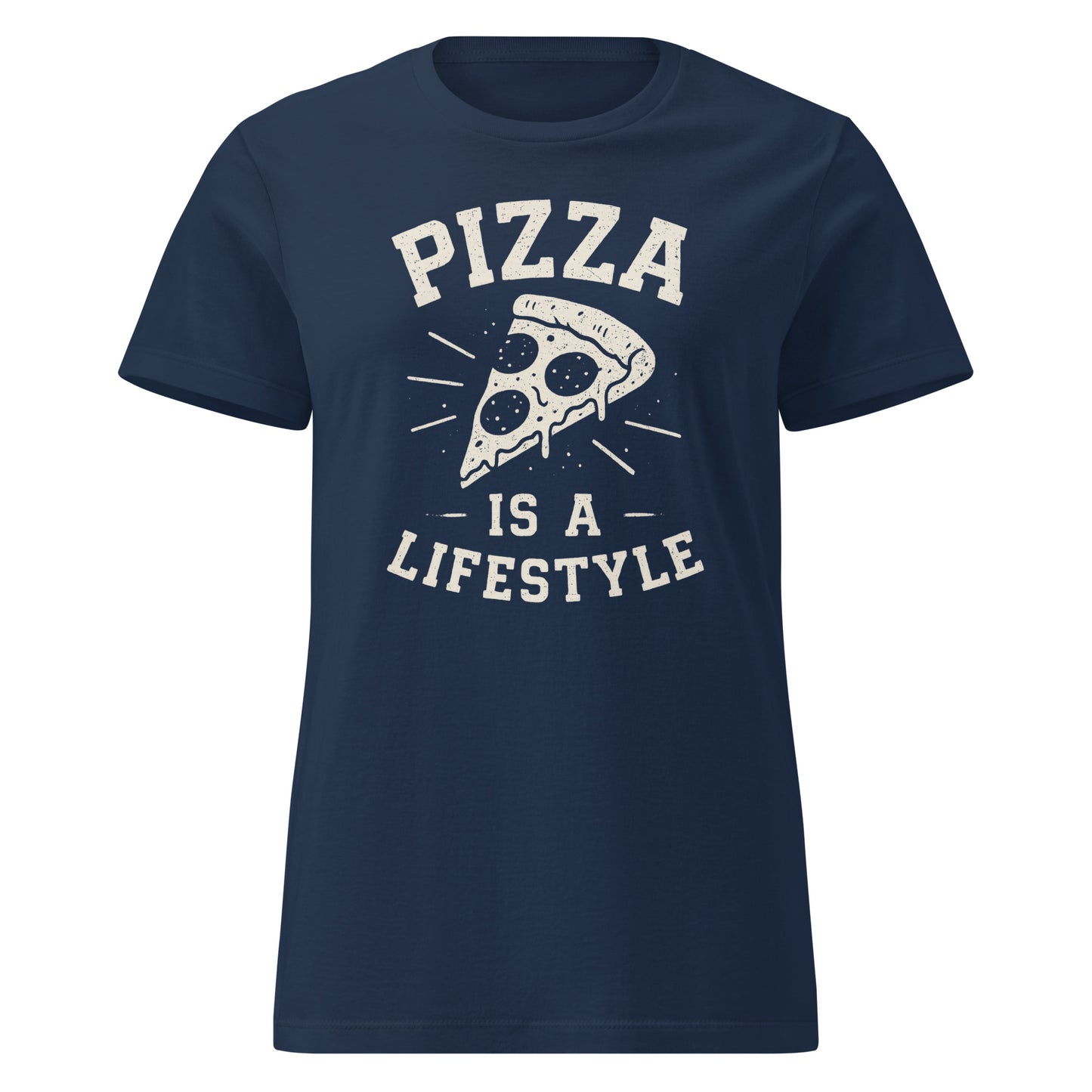 Navy blue t-shirt with 'Pizza is a Lifestyle' text and pizza slice graphic on a white background