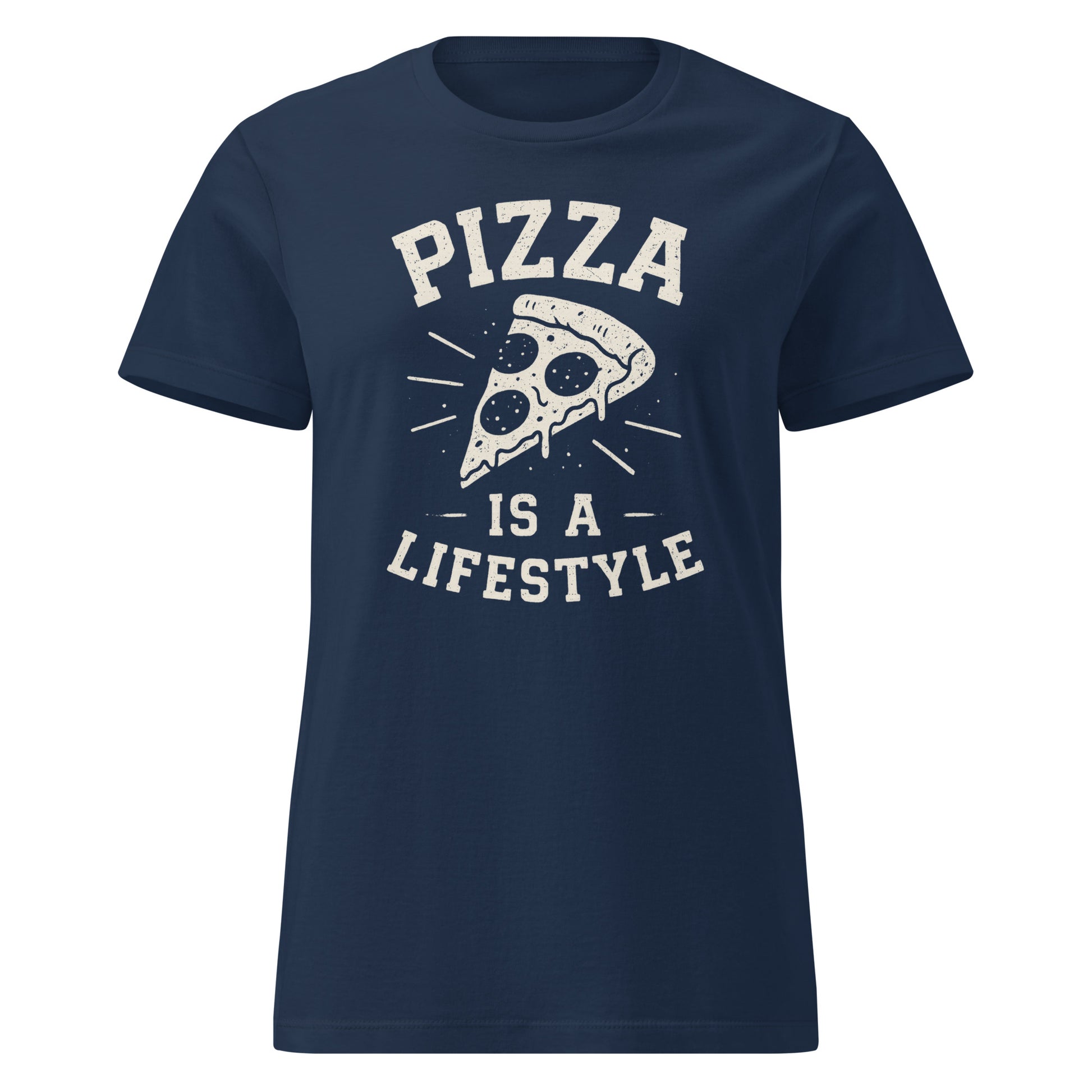 Navy blue t-shirt with 'Pizza is a Lifestyle' text and pizza slice graphic on a white background