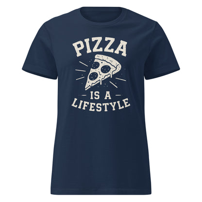 Navy blue t-shirt with 'Pizza is a Lifestyle' text and pizza slice graphic on a white background