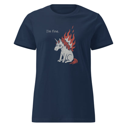 navy blue shirt with white burning unicorn and text "I'm fine"