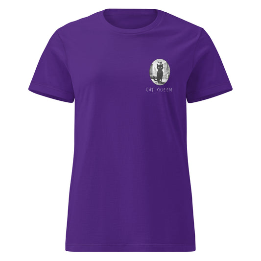 Purple t-shirt with a cat graphic and 'Cat Queen' text on a white background