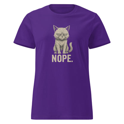 Purple t-shirt with a cat graphic and 'NOPE.' text on a white background