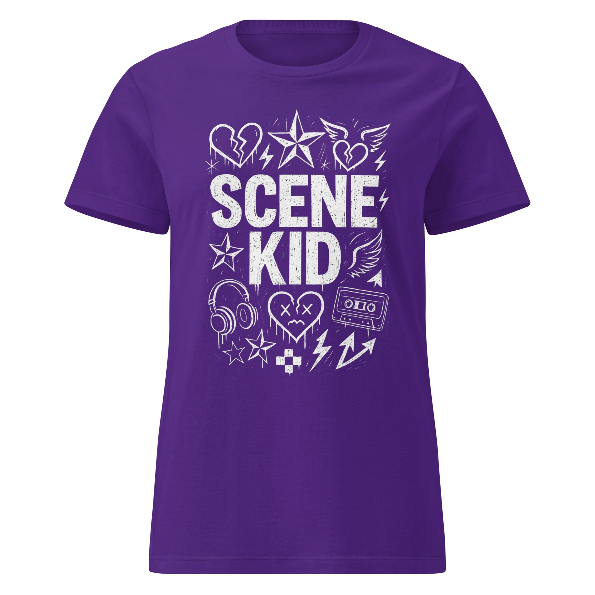 Purple t-shirt with 'SCENE KID' text and graphics on a white background