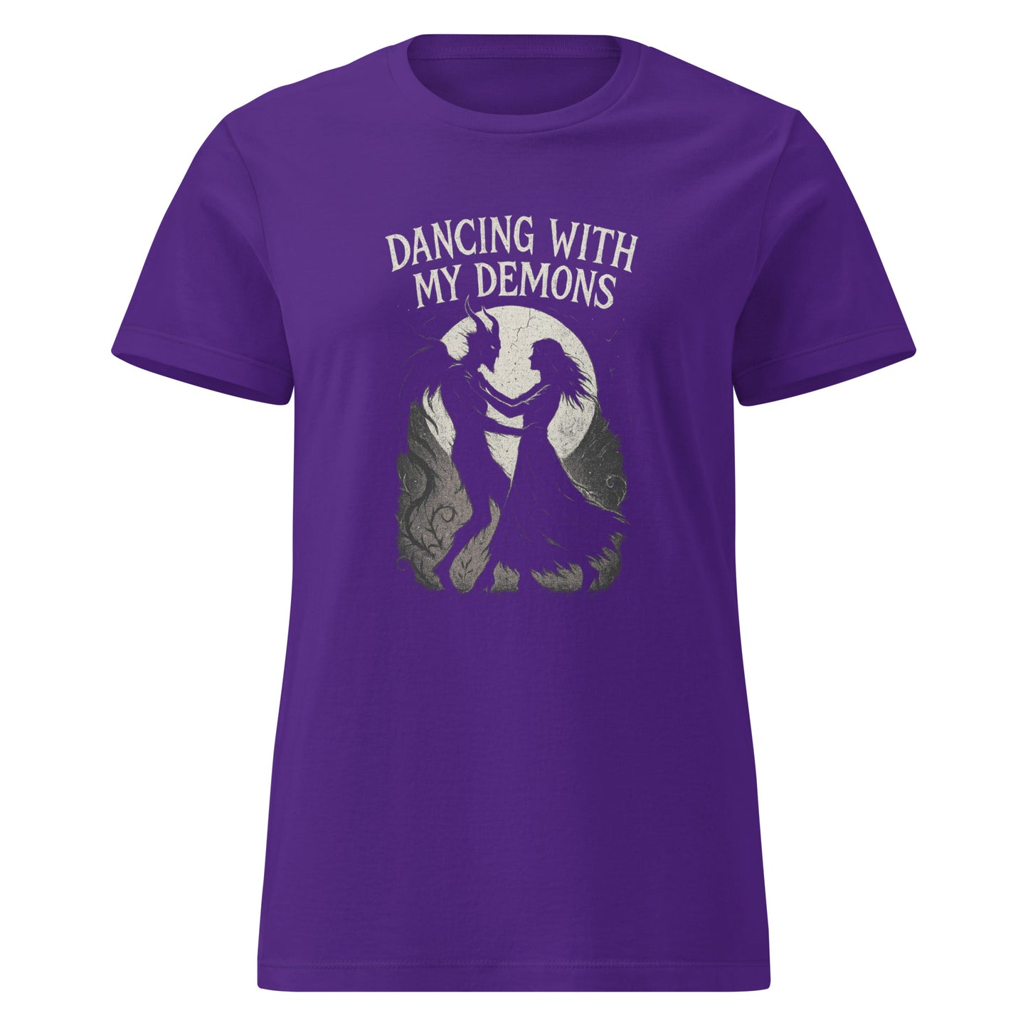 Purple t-shirt with 'Dancing with My Demons' graphic and text on a white background