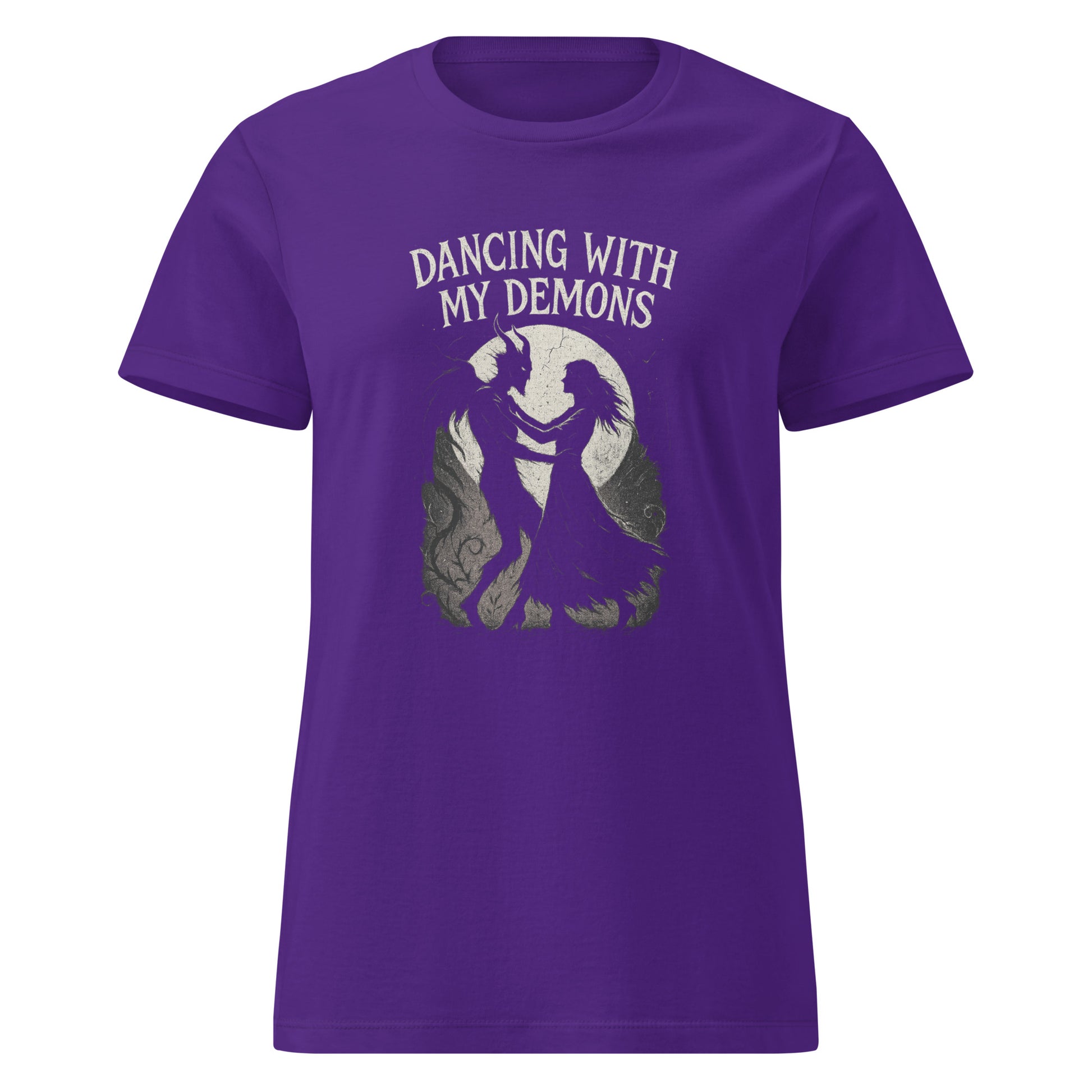 Purple t-shirt with 'Dancing with My Demons' graphic and text on a white background