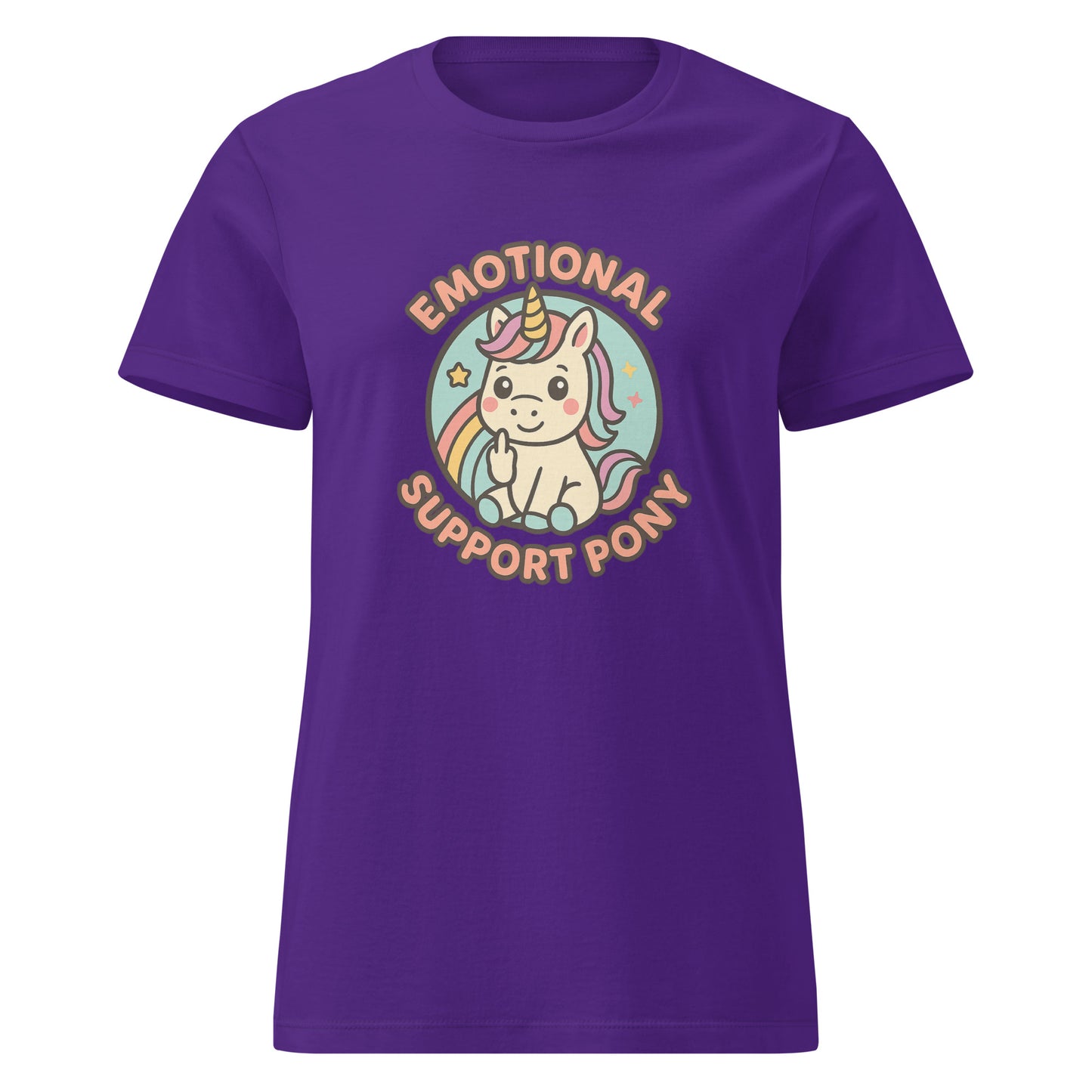 Purple Women’s softstyle t-shirt with bold sarcastic slogan Emotional Support Pony featuring an absurd unicorn-style design