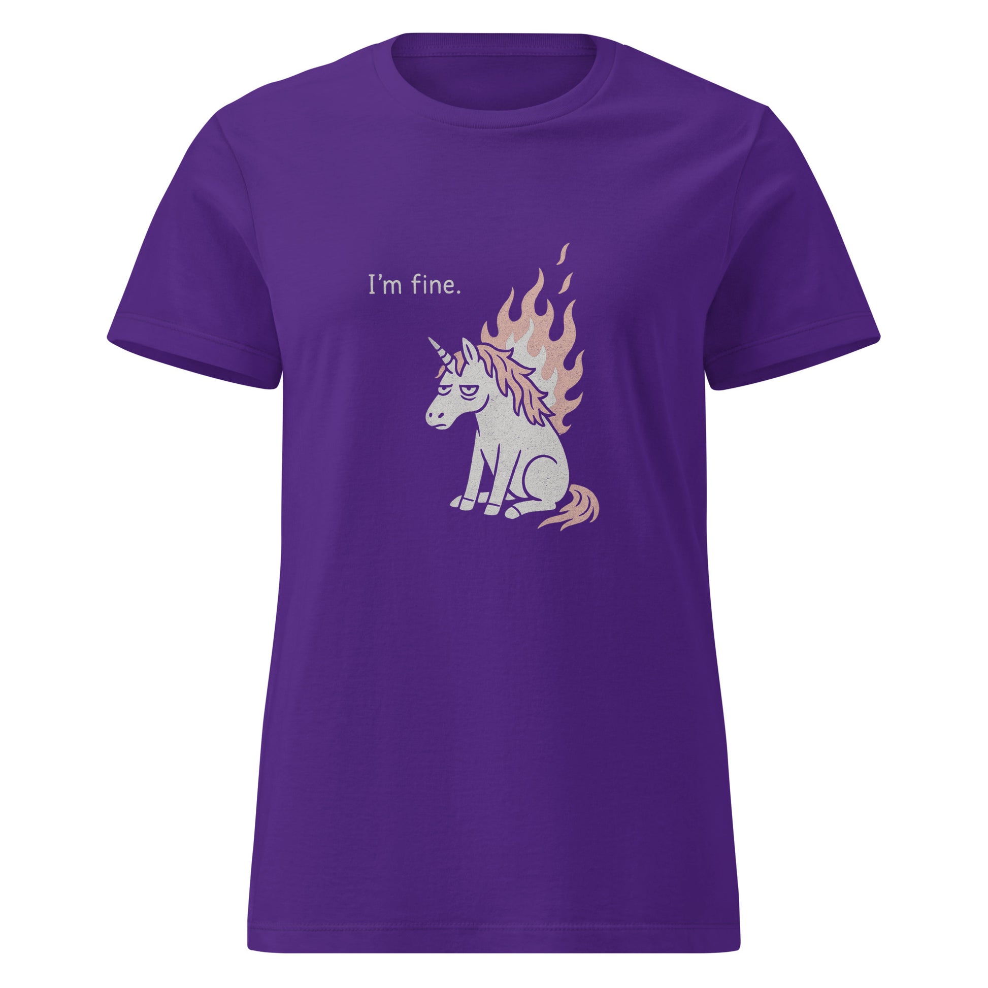 Purple t-shirt with a unicorn graphic and text 'I'm fine.' on a white background