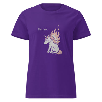 Purple t-shirt with a unicorn graphic and text 'I'm fine.' on a white background