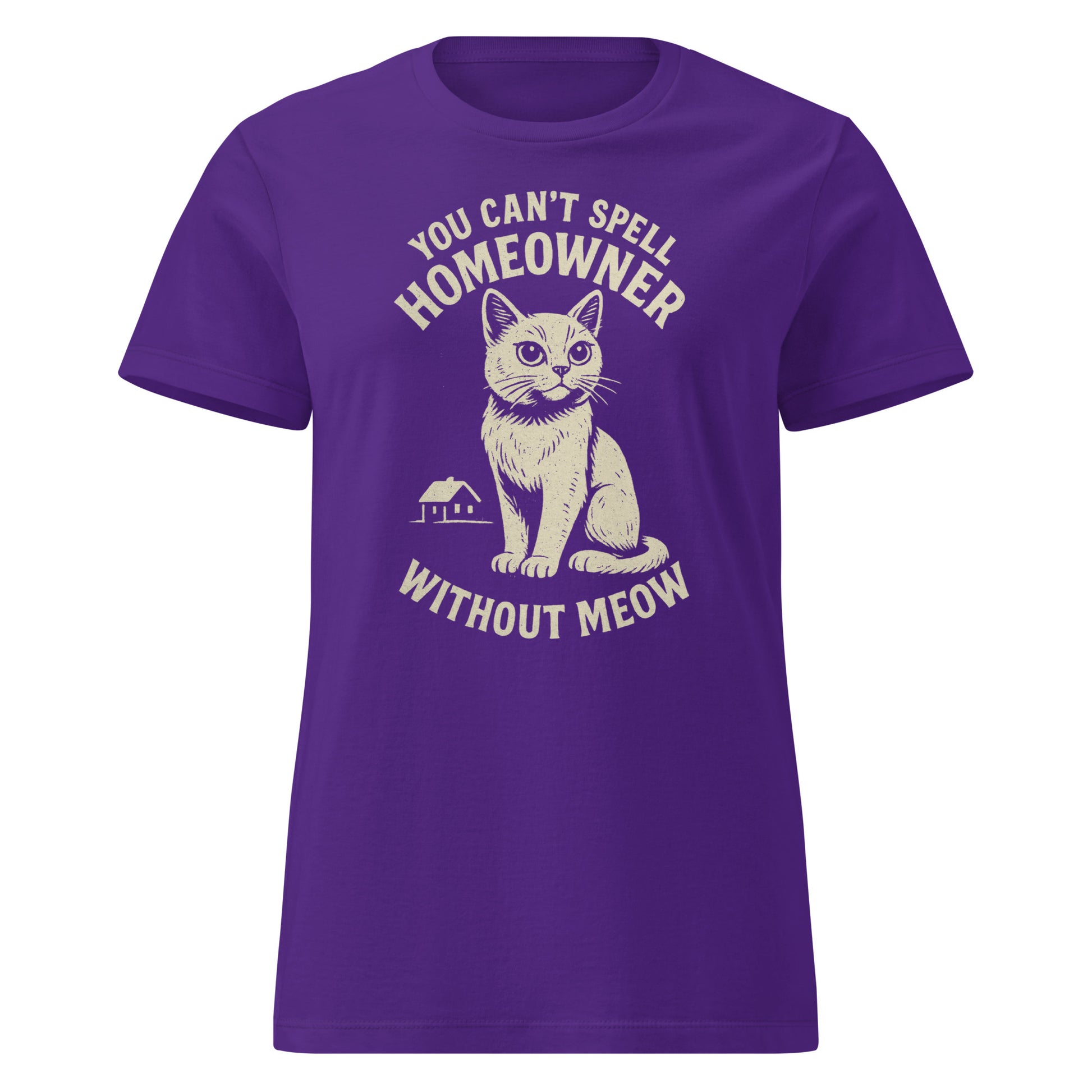 Purple t-shirt with a cat graphic and text on a white background