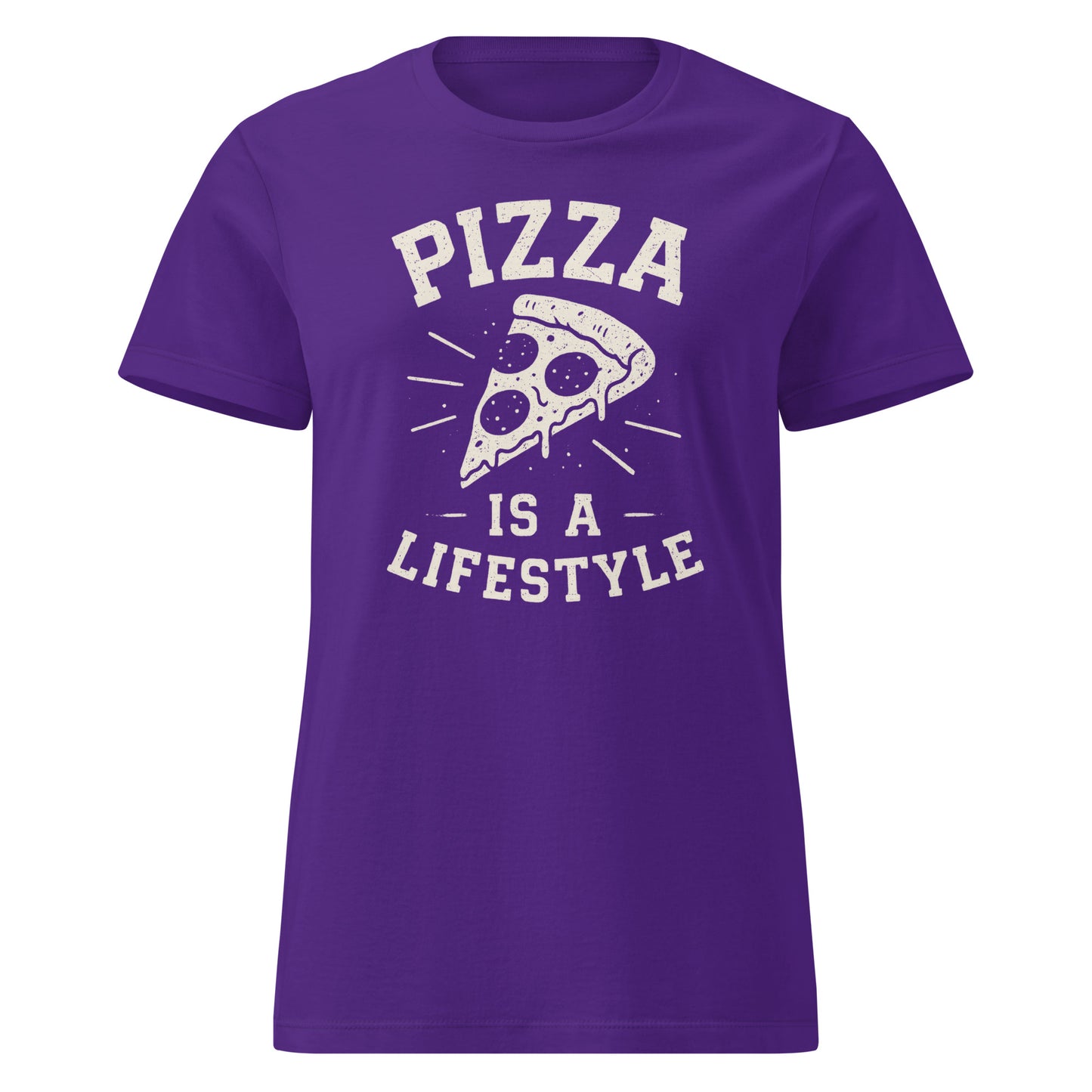 Purple t-shirt with 'Pizza is a Lifestyle' text and pizza slice graphic on a white background