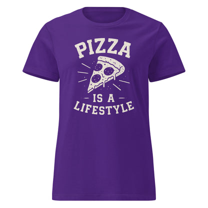 Purple t-shirt with 'Pizza is a Lifestyle' text and pizza slice graphic on a white background