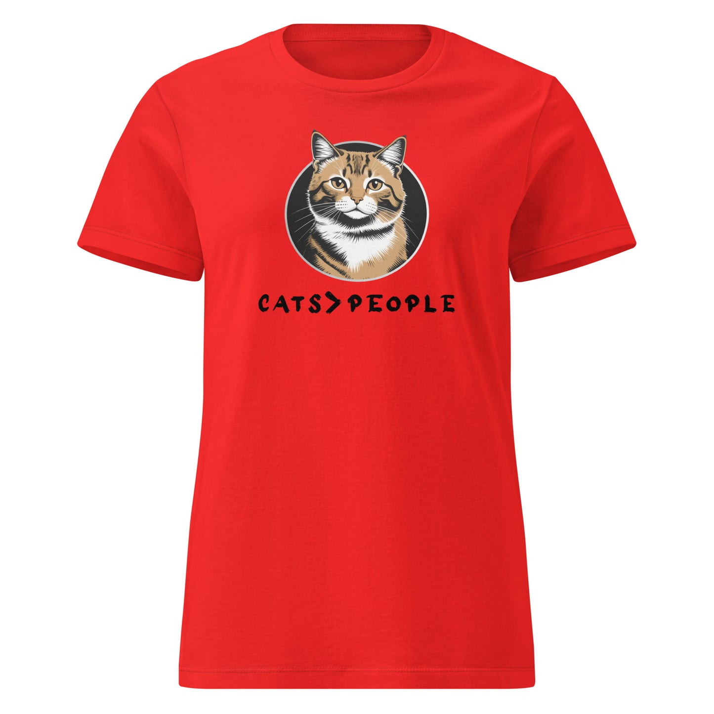 Red t-shirt with a cat graphic and 'CATS > PEOPLE' text on a white background