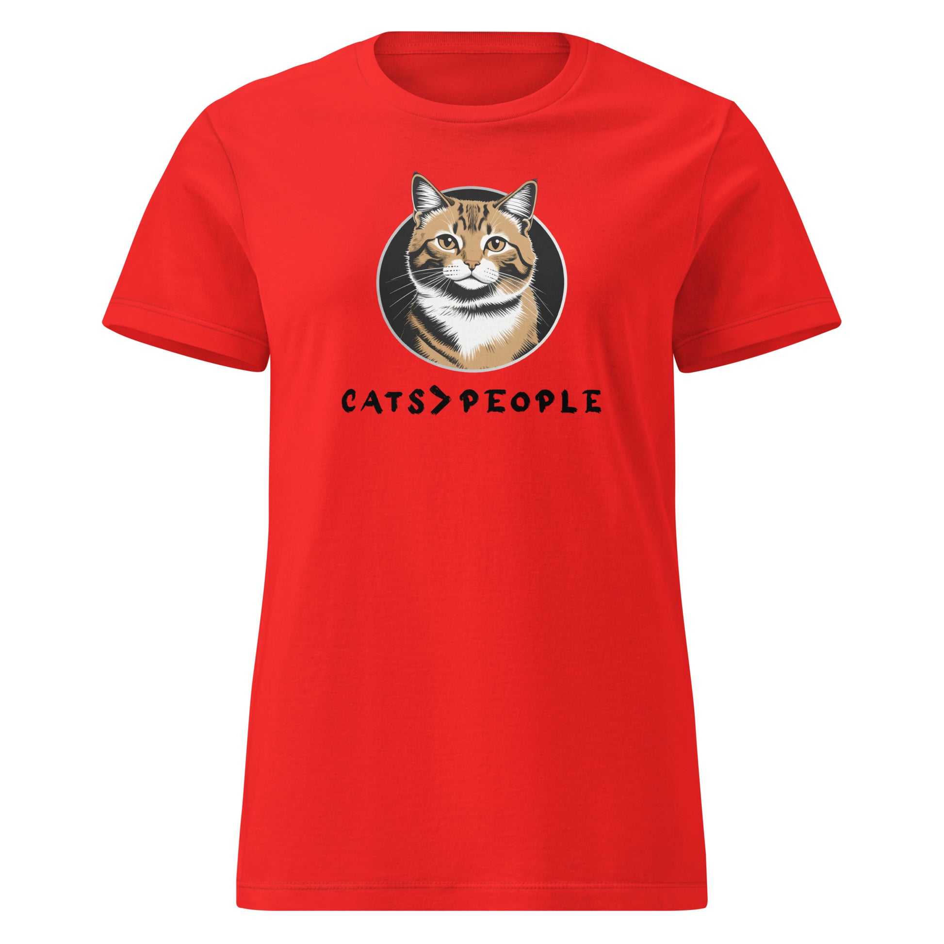 Red t-shirt with a cat graphic and 'CATS > PEOPLE' text on a white background