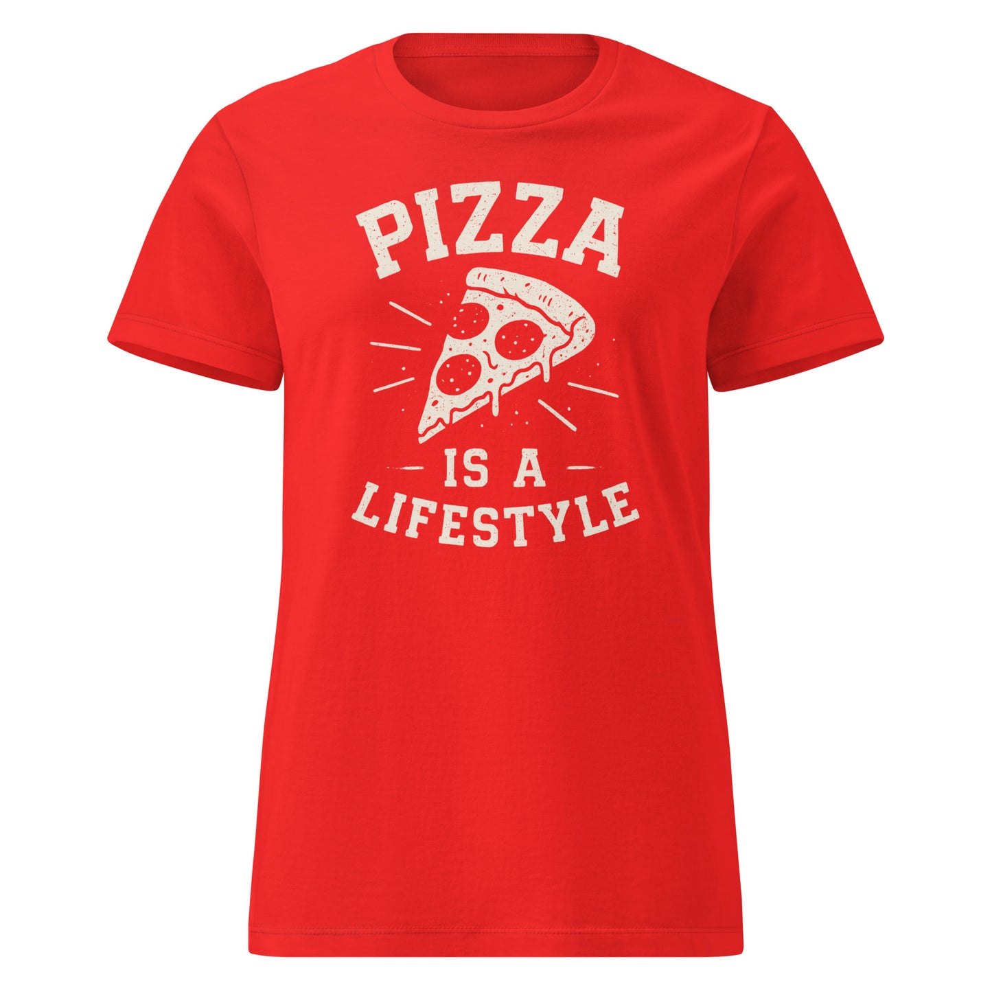 Red t-shirt with 'Pizza is a Lifestyle' text and pizza graphic on a white background